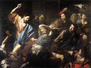 O Χριστός διώχνει τους αργυραμοιβούς έξω από τον ναό, λάδι σε καμβά, 195 x 260 cm. Valentin de Boulogne (1591–1632), Galleria Nazionale d'Arte Antica, Rome