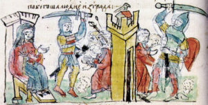 Η Αγία Όλγα επιβλέπει την σφαγή των Δρεβλιανών, Radziwiłł Chronicle